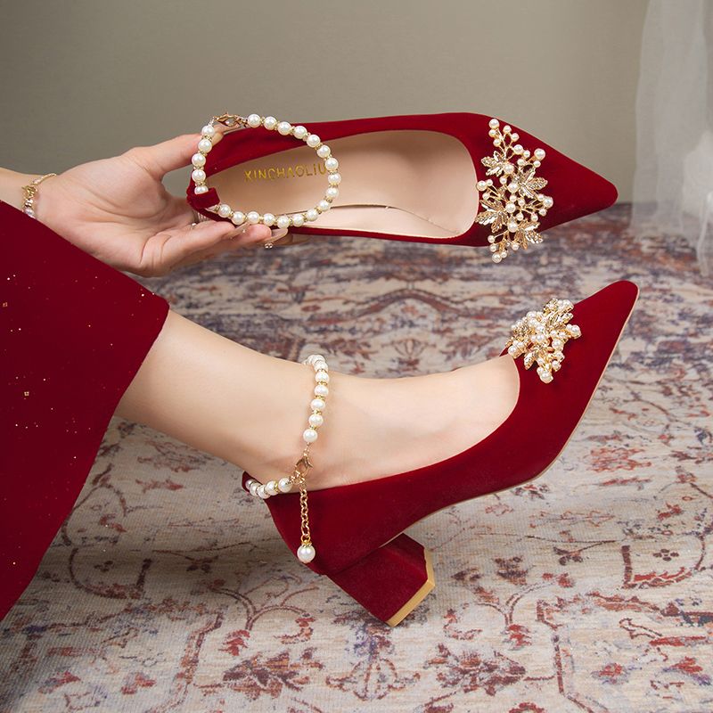 结婚新娘鞋秀禾服婚纱鞋2024年新款两穿礼服敬酒鞋红色粗跟高跟鞋