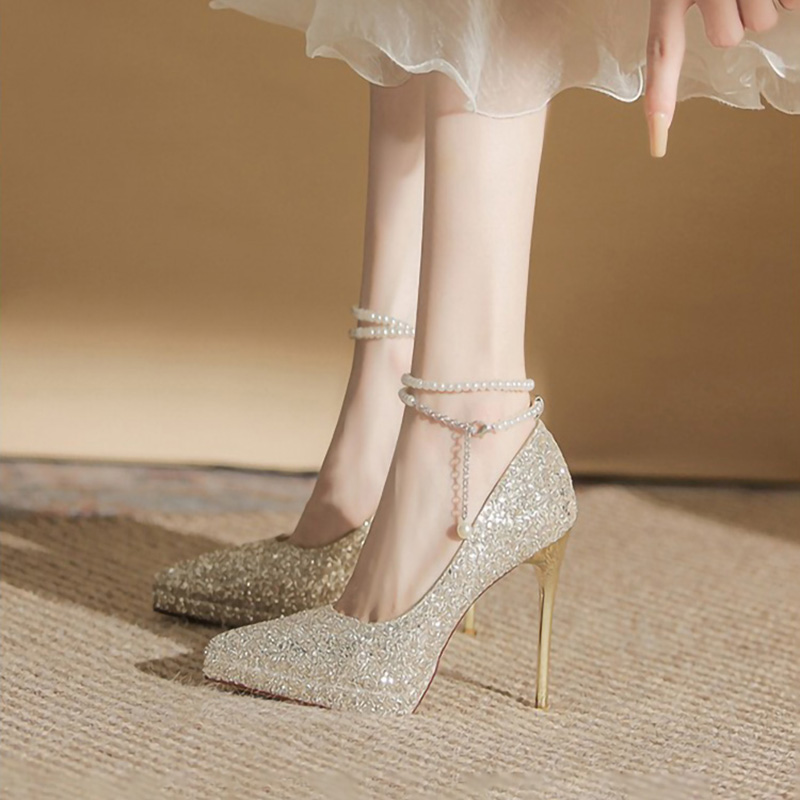 珍珠防水台高跟鞋女尖头细跟超高香槟色水晶新娘婚鞋