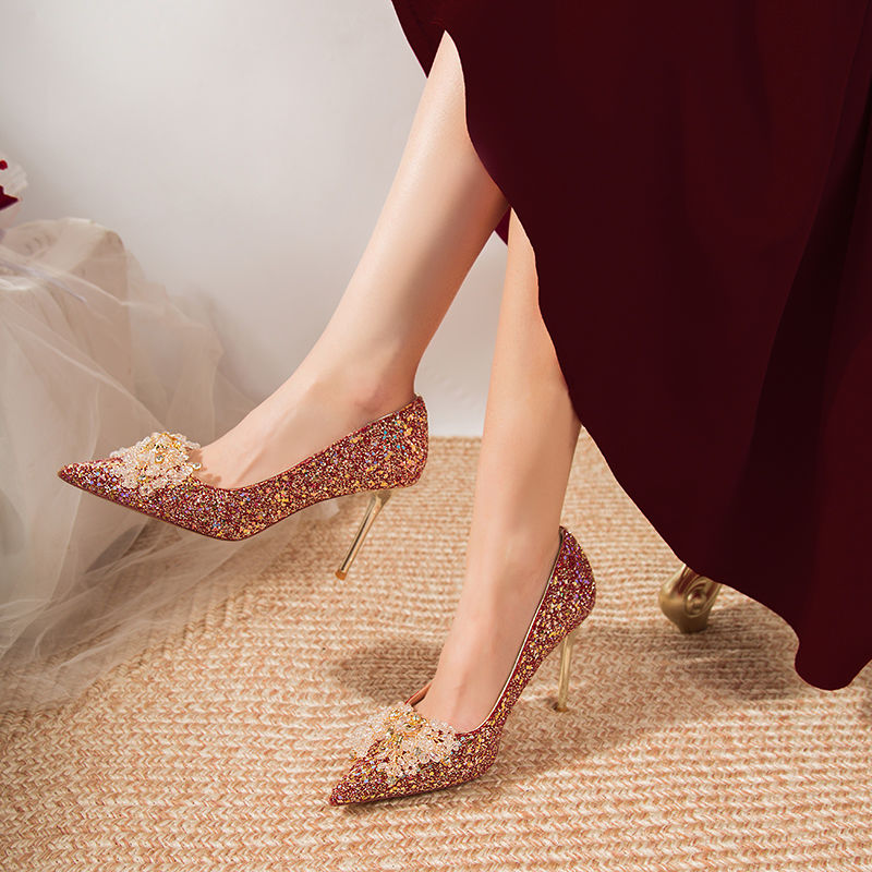 婚鞋秀禾主婚纱两穿新娘鞋新款法式酒红色水晶高跟鞋不累脚高级感