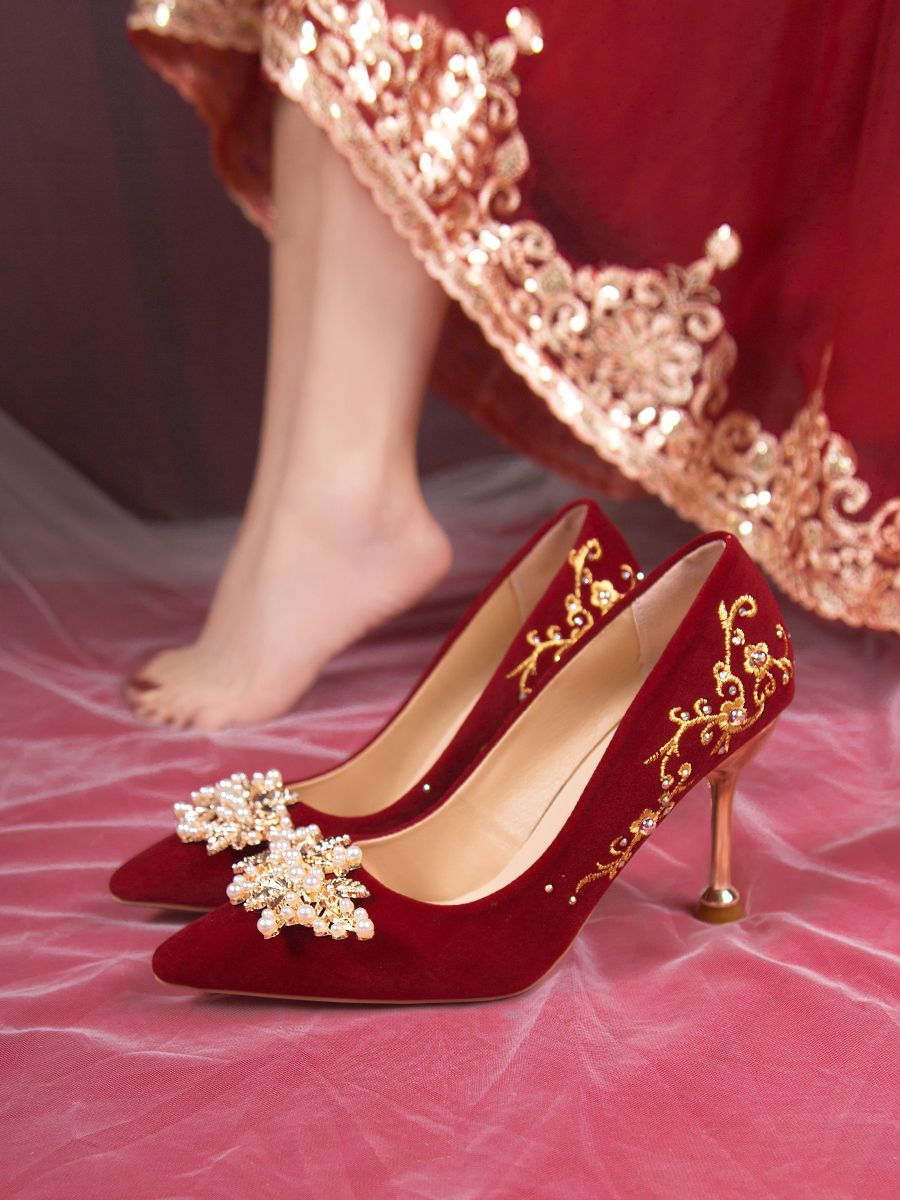 高跟鞋2024新款鞋红色秀禾婚鞋婚纱珍珠绣花鞋两穿婚庆女鞋子单鞋