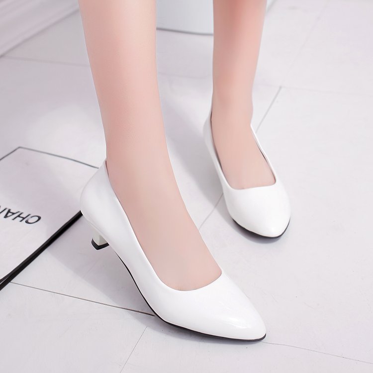 白色高跟鞋女低跟粗跟3cm舒适浅口圆头百搭工作职业单鞋优雅皮ol
