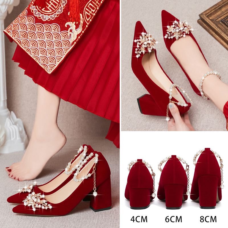 春季结婚鞋女2023新款法式红色高跟粗跟新娘绑带秀禾婚纱两穿单鞋