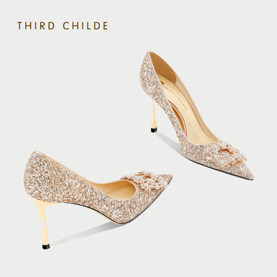 婚鞋2023年新款新娘伴娘婚纱水晶鞋细跟秀禾鞋香槟色水钻高跟鞋女
