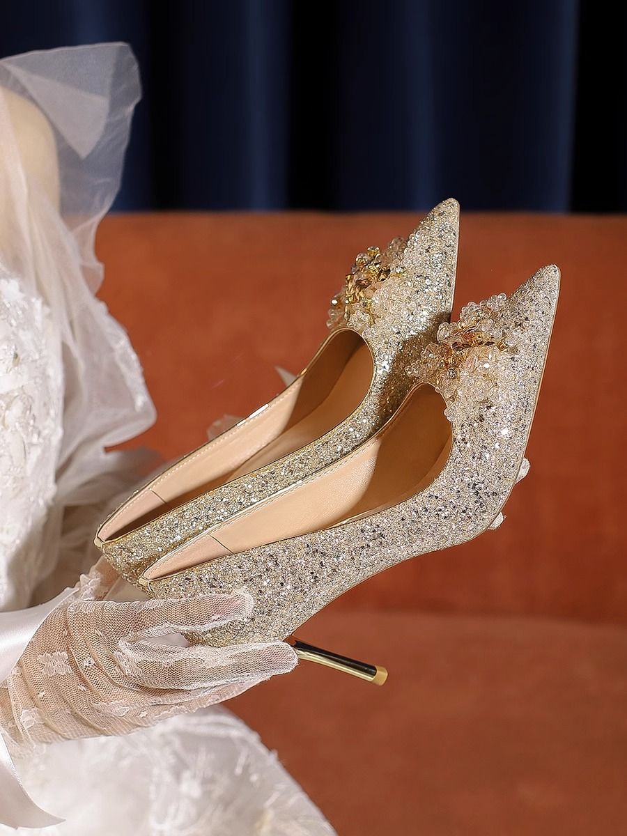 2023新款高级感花朵水晶鞋婚纱两穿婚鞋新娘鞋香槟色不累脚高跟鞋