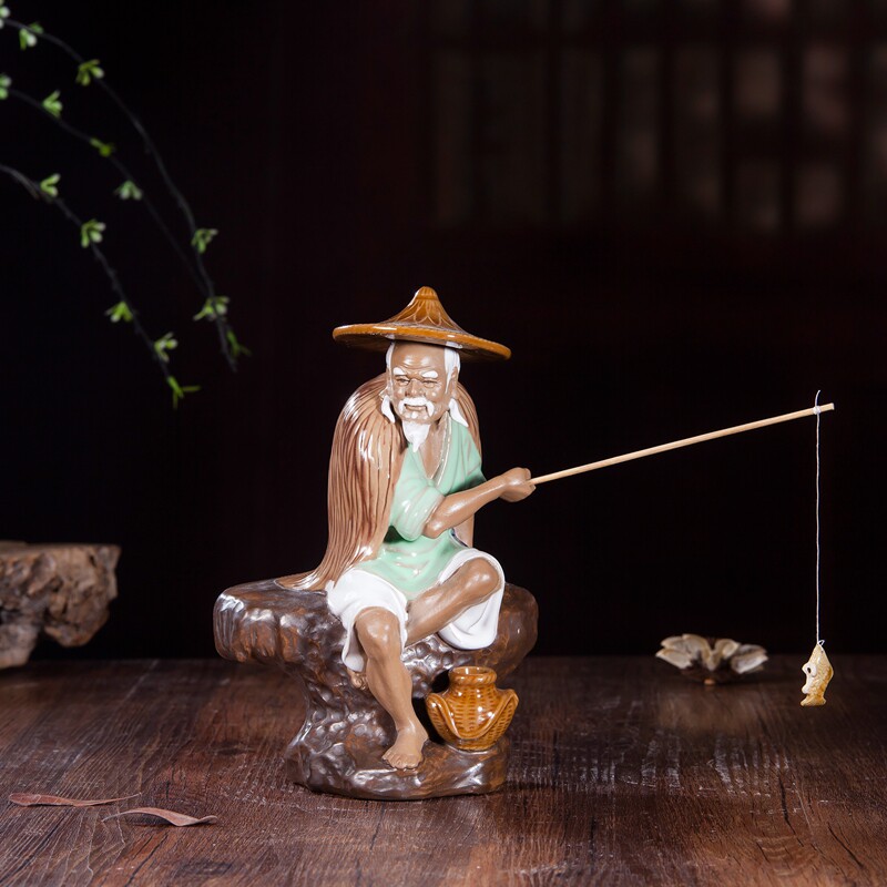 陶瓷摆件家居装饰品庭院假山盆景鱼缸摆设姜太公钓鱼美陶精品摆件