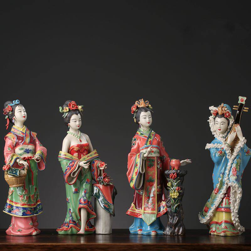 中式古典家居装饰仕女摆件石湾公仔精品手工陶瓷人物雕塑四大美女