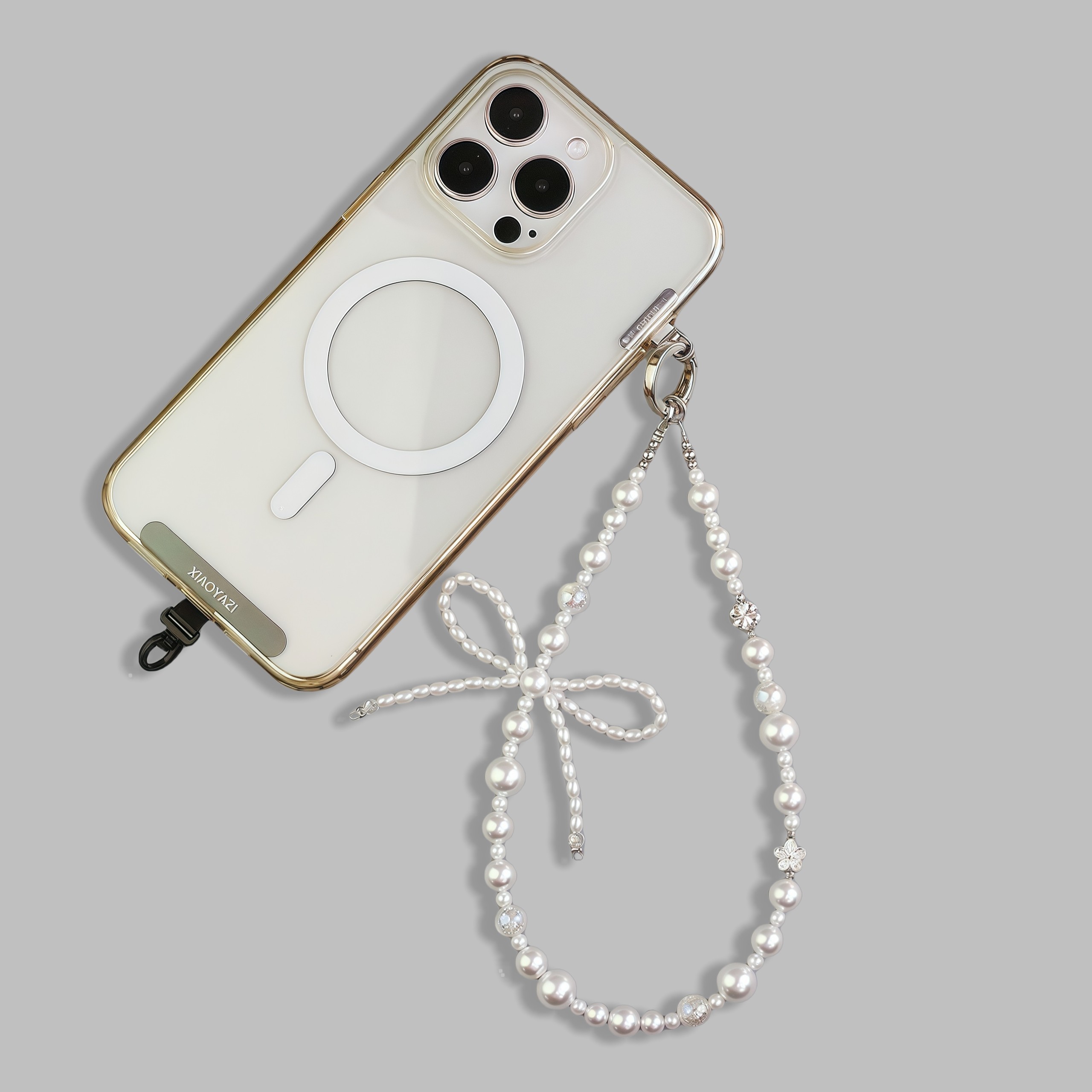 珍珠母贝手机链新款蝴蝶结手机挂绳女款水晶珠子手腕手机挂链好看