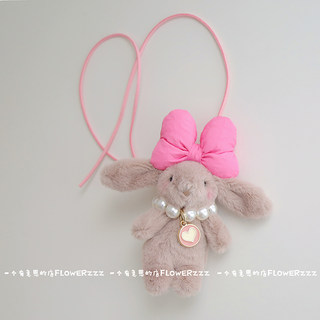自制可爱灰兔子珍珠项链毛绒玩偶创意挂件反光镜挂饰女生礼物ins