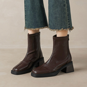 百搭冬季 2025巨好看 短靴女士粗跟方头棕色靴子42码 加绒瘦瘦靴