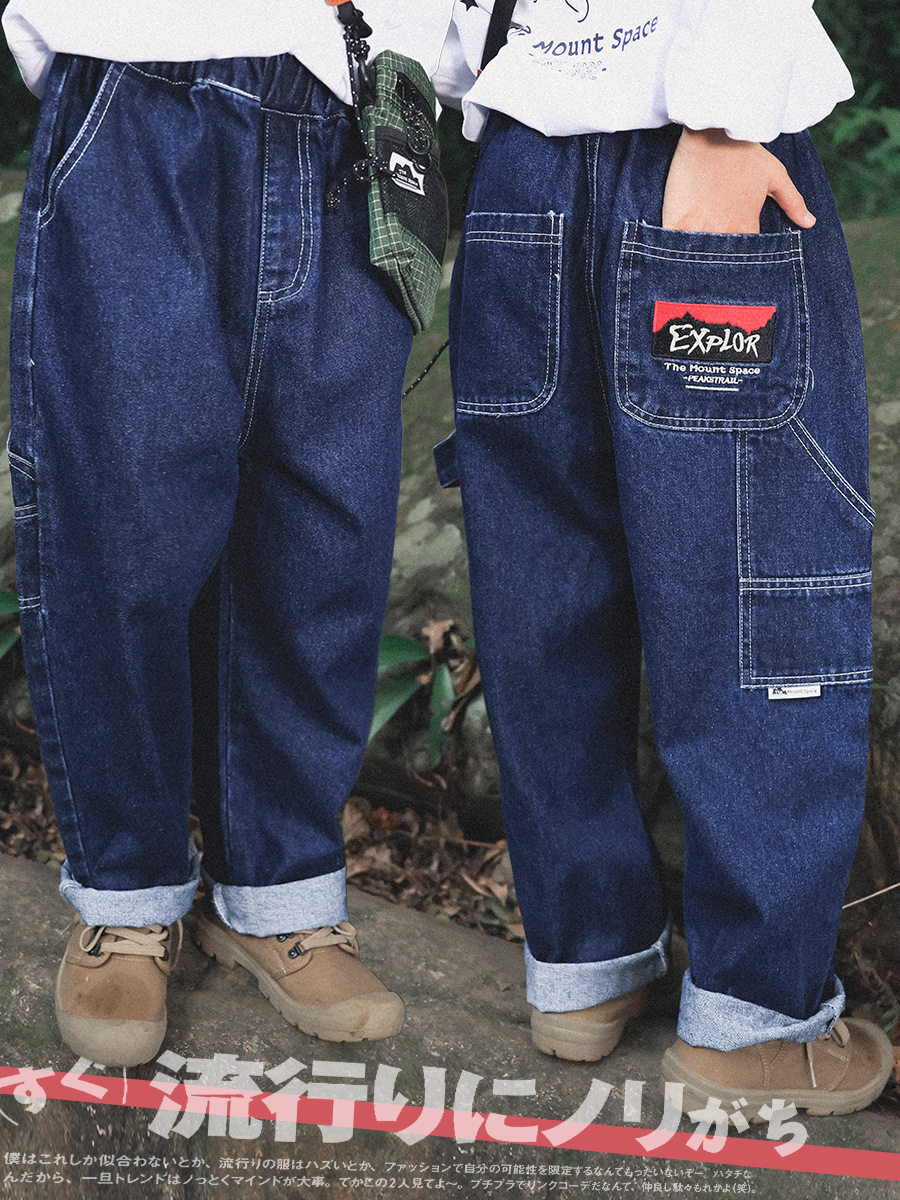 新品春款儿童牛仔裤男女童休闲直筒裤宽松字母刺绣复古工装长裤潮