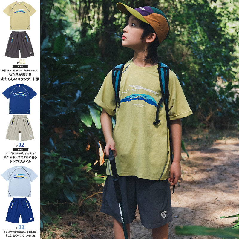 新品夏款男童运动速干短袖套装 圆领T恤上衣亲肤透气短裤五分裤软