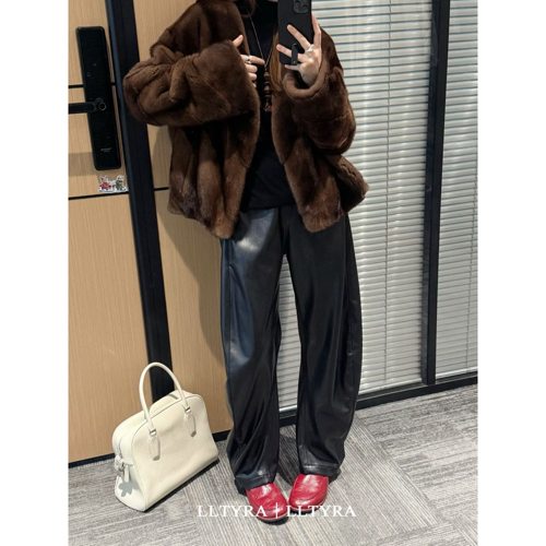 隐形修容高腰直筒窄版弯刀皮裤