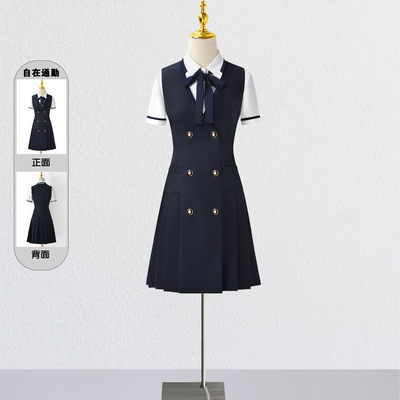 藏青色百褶马甲连衣裙背心裙衬衫