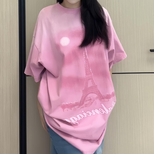 【伊纳F】度假风粉色短袖T恤女巴黎铁塔印花宽松上衣Q53AT3135