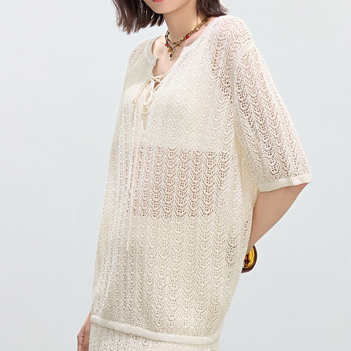 【佧西】慵懒镂空针织衫女夏薄款五分袖宽松微透罩衫X04AZW2897