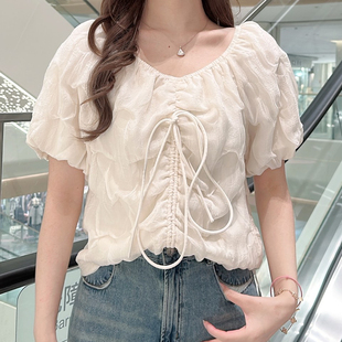 【伊纳F】韩系chuu风白色泡泡袖短袖T恤女V领抽绳Q53AS3290