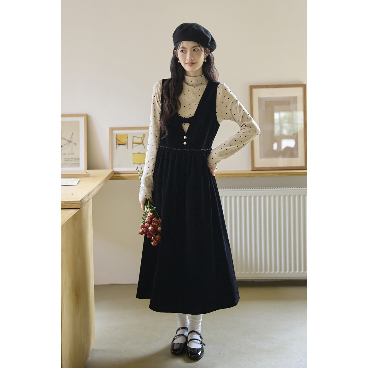 弥古法式波点长袖t恤女高领打底衫2025秋冬新款修身针织内搭上衣