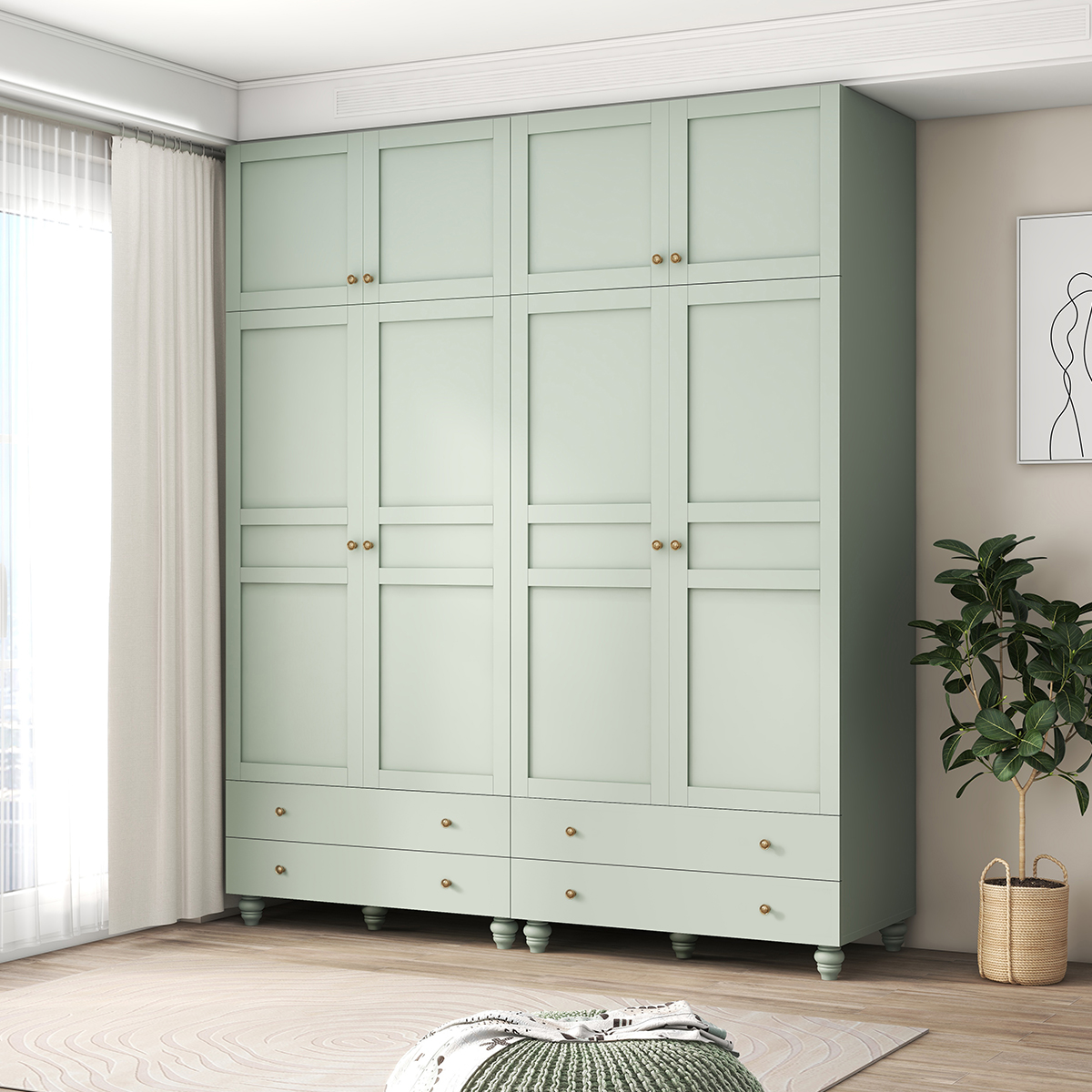 自观绿色衣柜简约纯色大衣柜小户型卧室衣帽柜两门衣物橱柜组装柜