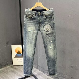 欧货高端潮牌印花牛仔裤男夏季破洞修身小脚裤弹力虎头烫钻长裤子