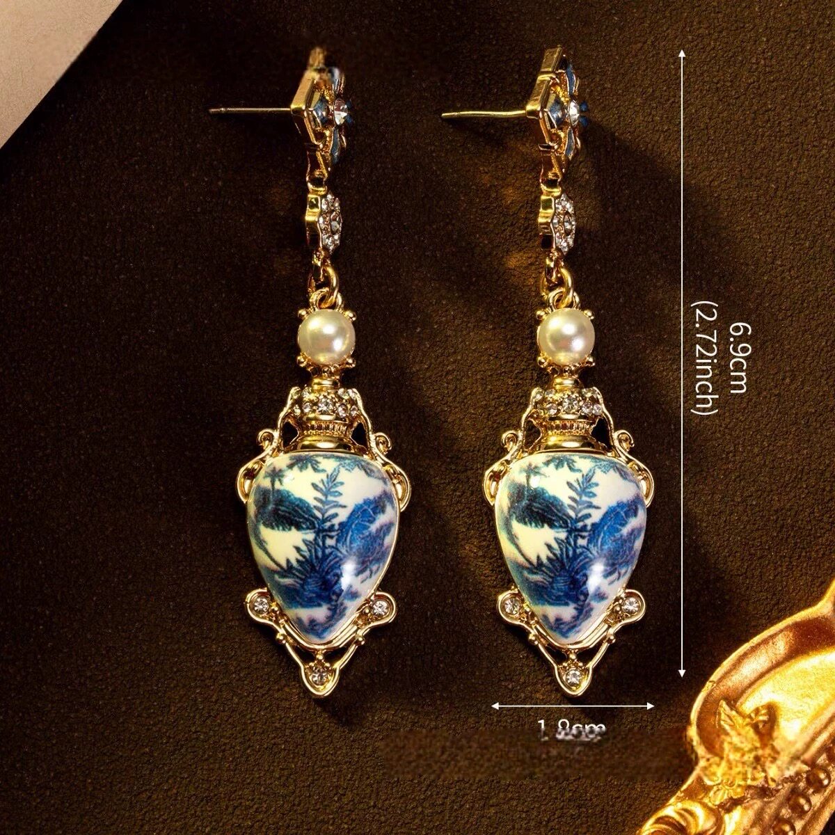 中古国风复古气质青花瓷耳环古典优雅高级感耳饰宫廷风