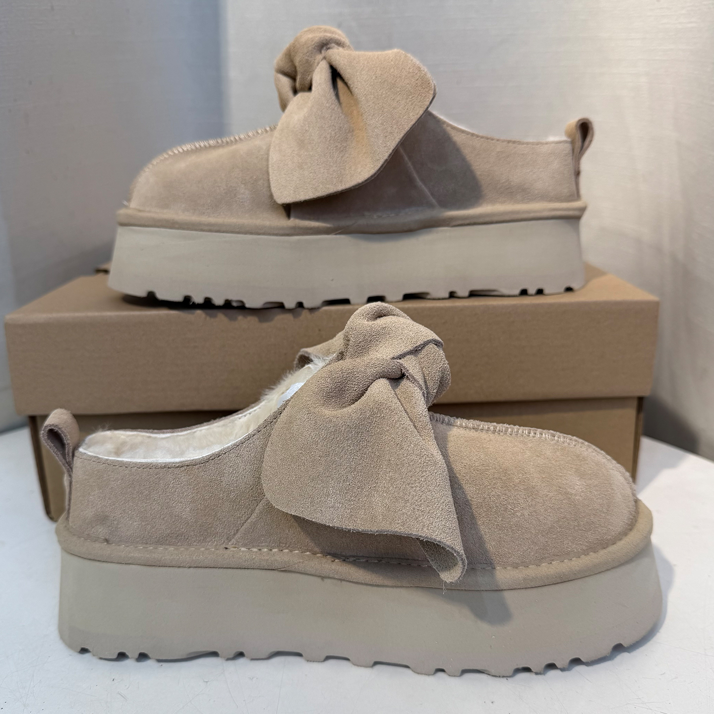 皮毛一体纯羊毛蝴蝶结半拖勃肯鞋