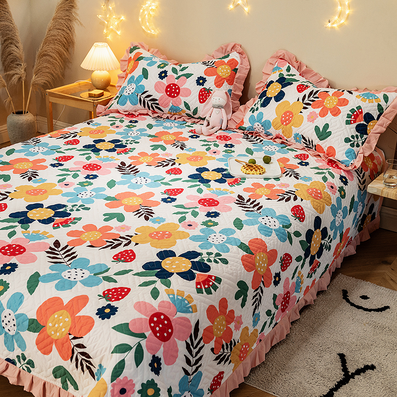 纯棉床盖绗缝防滑夹棉花边床单