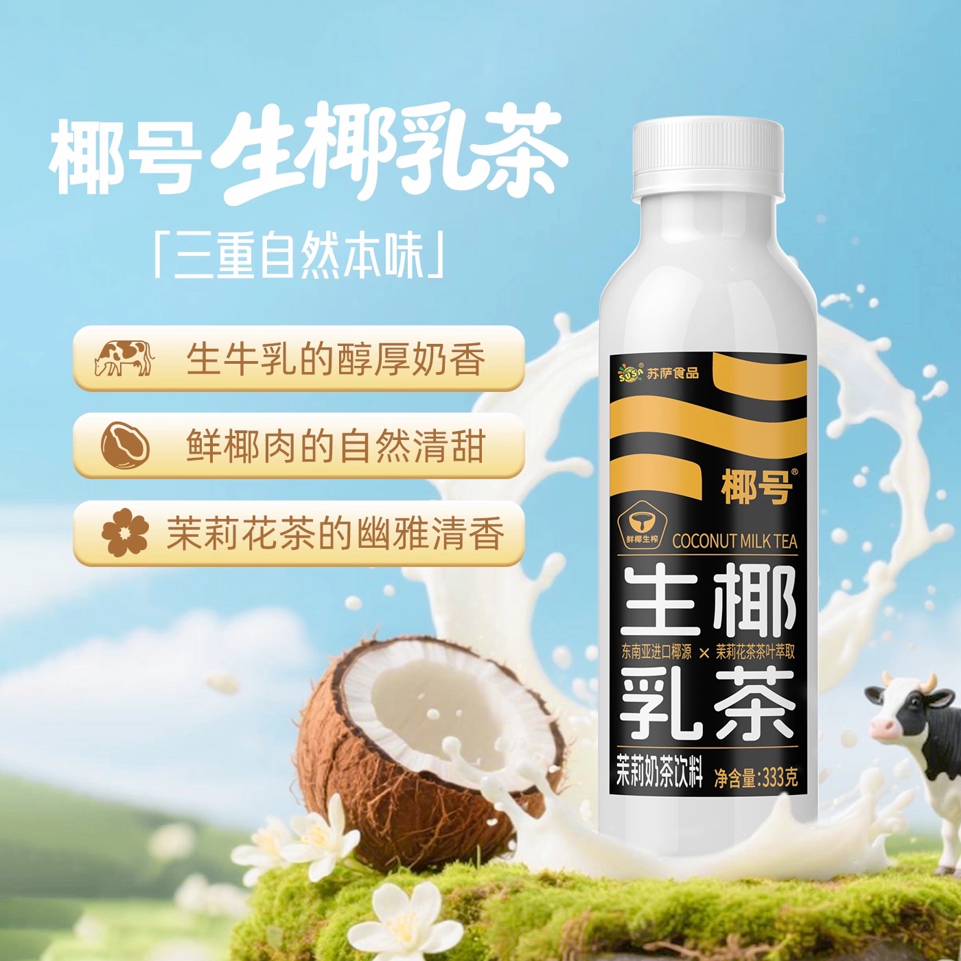 susa椰号生椰乳茶FPN生榨椰汁+纯牛乳+茉莉花茶茶叶萃取333g*15瓶