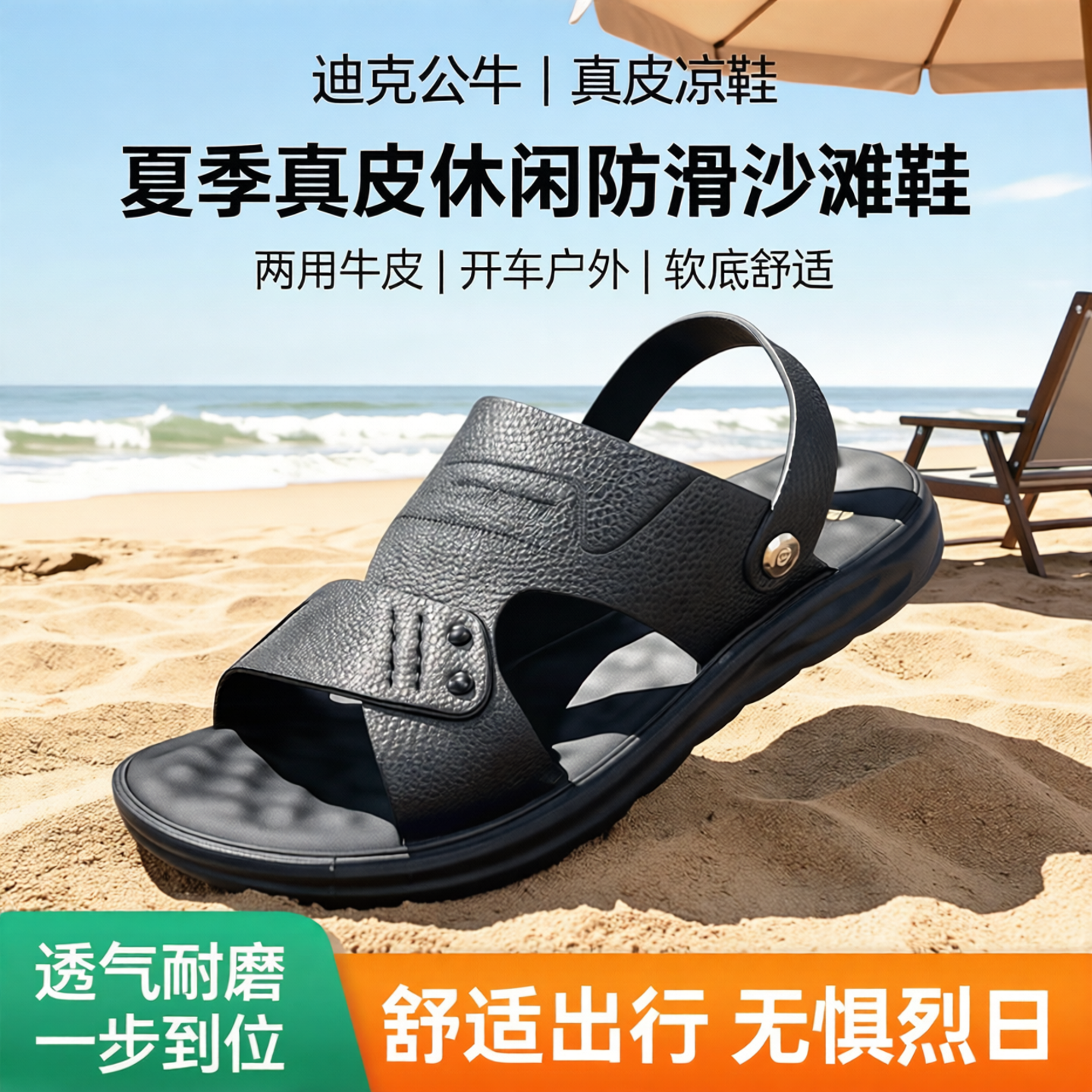 迪克公牛男士凉鞋夏季真皮休闲防滑沙滩鞋两用牛皮开车户外软底鞋