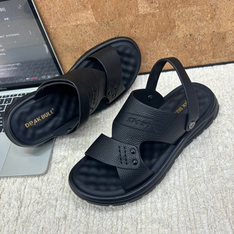 迪克公牛男士凉鞋夏季真皮休闲防滑沙滩鞋两用牛皮开车户外软底鞋