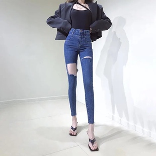深蓝大破洞牛仔裤女小脚2025夏季新款网红高腰紧身显瘦提臀九分裤