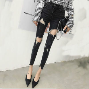 子铅笔裤 2025夏季 女显瘦百搭乞丐小脚九分裤 高腰破洞牛仔裤 潮 新款