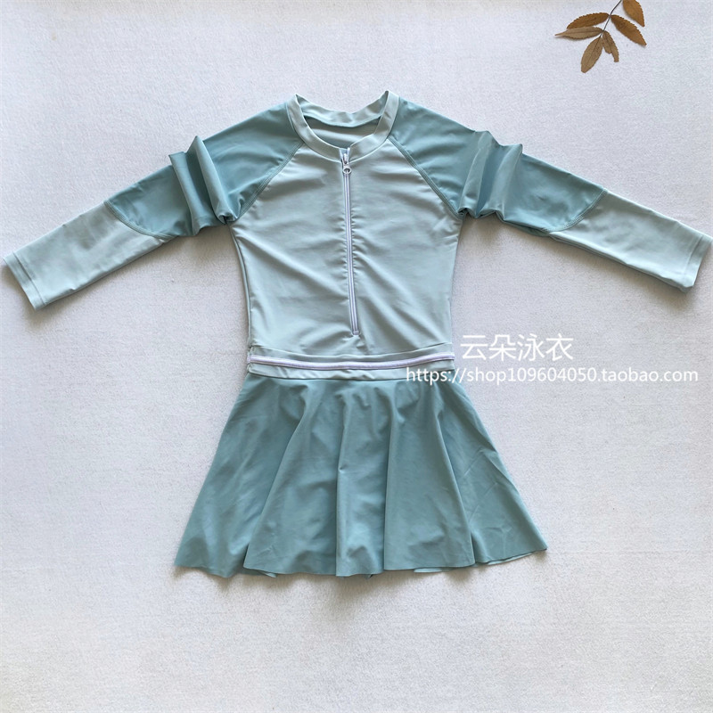 女童连体平角裙式长袖防晒游泳衣