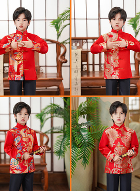 儿童唐装亲子装男童中山装拜年服红色缎面男士秀禾服中式花童礼服
