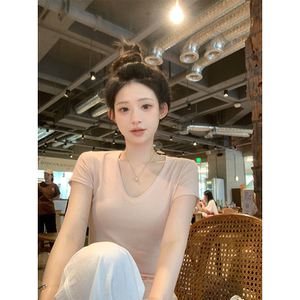 珍珍家夏日绵绵冰 纯欲V领短袖修身显瘦莱赛尔冰肌T百搭正肩上衣