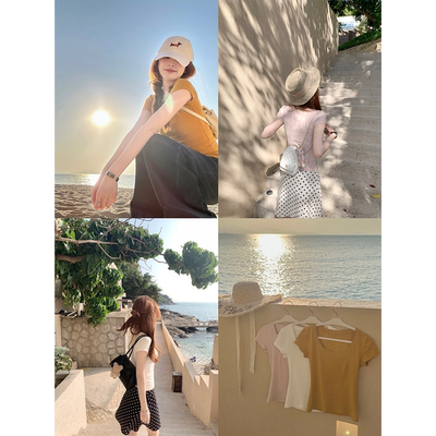 Zzhen珍珍 韩女daily百搭修身显瘦圆领软糯T恤后背蕾丝标短袖上衣