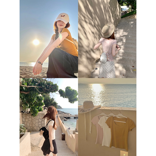 Zzhen珍珍 韩女daily百搭修身显瘦圆领软糯T恤后背蕾丝标短袖上衣