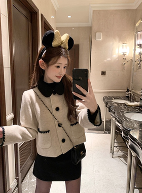 珍珍家千金小香感法式温柔娃娃领毛呢外套羽绒内里短款气质外套春