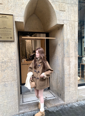 珍珍家 学院风双面穿牛角扣连帽羊毛毛呢大衣 格子中长款呢子外套