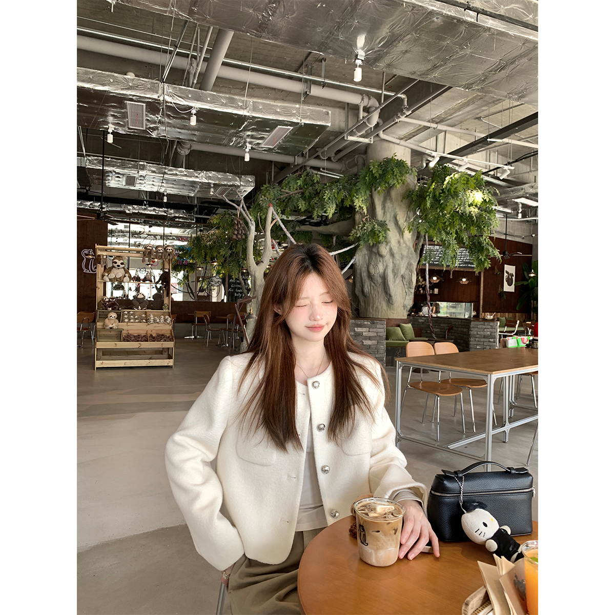 珍珍家柔珠小姐65羊毛奶白色圆领夹棉小香毛呢秋冬新款气质外套女