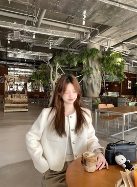 珍珍家柔珠小姐65羊毛奶白色圆领夹棉小香毛呢秋冬新款气质外套女