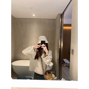 宽松长袖 Zzhen 新款 春季 上衣女 温柔镂空网纱设计圆领绵羊毛针织衫