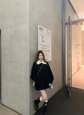 珍珍家赴约初雪全绵羊毛黑色拼毛毛翻领双面呢大衣中长款毛呢外套