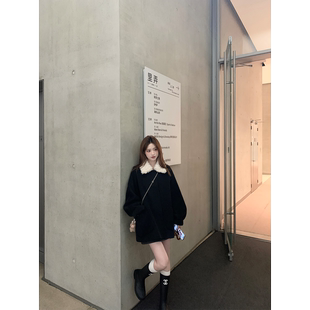 珍珍家赴约初雪全绵羊毛黑色拼毛毛翻领双面呢大衣中长款毛呢外套