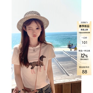 Zzhen3.23 韩系时髦小马印花正肩tee 佩尼达岛 百搭短袖