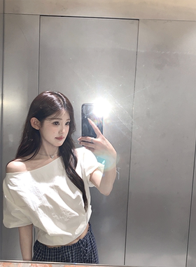 珍珍家微醺特调设计感显瘦露锁骨连身袖斜肩衬衫夏季气质休闲上衣