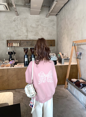 珍珍家 甜美蕾丝蝴蝶结圆领套头卫衣女宽松春季慵懒舒适休闲上衣