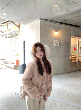 珍珍家雪绒麻薯可爱小富婆皮毛一体环保皮草羊羔毛小球球毛毛外套