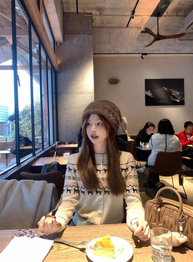 Zzhen珍珍 北欧冬日童话韩版慵懒狗狗费尔岛针织开衫圆领毛衣