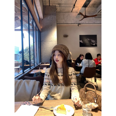 Zzhen珍珍 北欧童话韩版慵懒狗狗费尔岛针织开衫圆领毛衣春季