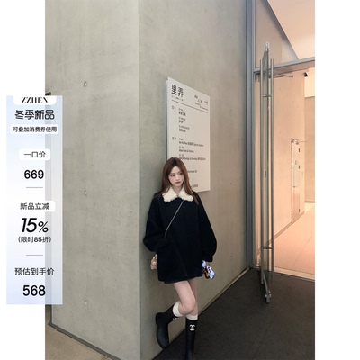 珍珍家赴约初雪全绵羊毛黑色拼毛毛翻领双面呢大衣中长款毛呢外套